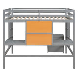 Full size Loft Bed with Desk and Writing Board, Wooden Loft Bed with Desk & 2 Drawers Cabinet- Gray 96271078