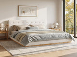 Solid Rubber Wood Platform Bed with Upholstered Headboard, Modern Tufted Design, Sturdy Slat N769P387939W