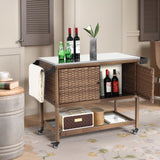 Outdoor Wicker Bar Cart, Patio Wine Serving Cart w/Wheels, Rolling Rattan Beverage Bar Counter Table 71094004
