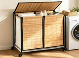 Compact Rolling Bamboo Laundry Hamper with Lid, 2 Sorting Compartments Removable Oxford Liner Bags 81509674