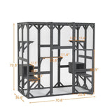 ZNTS Outdoor Cat House Wooden Catio Enclosure w/Cover- Large Cat Cage with Jump Platforms and Condos, 69252240