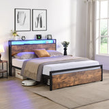 Full Size Bed Frame with Storage Headboard and 2 Drawers, LED Lights Bed with Charging Station, W1916126252