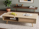 41.3 Inch Rattan Coffee Table Sliding Storage Door, Rectangle Wooden Accent Center Sofa Table 04362039