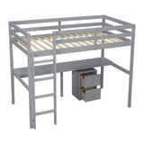 Twin Loft Wood Bed with Under-bed, Built-in Desk, a Storage Cabinet of 2 Drawers, Guardrails, W504P193786