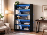 Black Wood Grain 5-Tier Bookshelf with LED Lights, Bookcase with Cable Holes for Living Room & Study 41609968