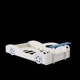 ZNTS Wooden Race Car Bed,Car-Shaped Platform Twin Bed with Wheels For Teens,White & Blue WF310553AAK