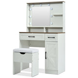 Farmhouse Makeup Vanity Desk with Mirror and Lights, 3 Lighting Modes, Vanity Set with Stool, N704P210506K