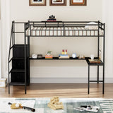 Full Metal Loft Bed with L-shaped Desk, LED Lights, Charging Cradle, LED Loft Bed Frame, Full 88987362