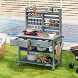 K&K 64.9"H Outdoor Potting Bench Table with Lockable Wheels, Solid Wood Outdoor Kitchen Island with N707P228274G
