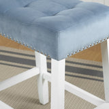 Morovo Set of 2 Velvet Counter Height Stools with Tufted Saddle Seats, White-Wash Finish, Blue T2574P164821