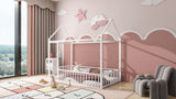 Twin Size Metal Bed House Bed Frame with Fence, for Kids, Teens, Girls, Boys, White MF304315AAK
