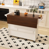 White Kitchen Island Cart with Foldable Tabletop & Drop Leaf - Mobile Breakfast Bar on Wheels with 66856892