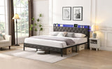 ZNTS King Bed Frame Storage Headboard, Charging Station and LED Lights, Upholstered Platform Bed 18121287