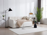 Flora Upholstered Daybed with 2 Drawers, Twin, Ivory Velvet, Ribbed Tufted Backrest, Daybed in B083P156245