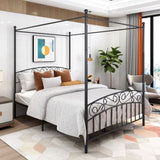 Queen Size Metal Canopy Bed Frame with Headboard and Footboard Black W84034157