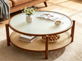 Walnut Boho 2Tier Round Coffee Table, PE Rattan Accent Side Table with Tempered Glass Top, Solid 57774693