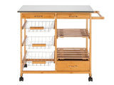 Moveable Kitchen Cart with Stainless Steel Table Top & Three Drawers & Three Baskets Burlywood 38657513
