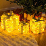 Set of 3 Christmas Lighted Gift Boxes with 90 Warm Lights, PVC SequinsBows, 10"/8"/6" Sizes 13436760