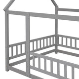 ZNTS Full Size Floor Wooden Bed with House Roof Frame, Fence Guardrails ,Grey W1791P148192