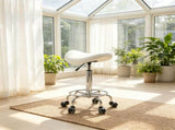 White PU Leather Saddle Rolling Stool Adjustable Height with Wheels for Massage, Spa, Beauty 52009799