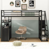 Full Size Metal Loft Bed with Storage Staircase and Wardrobe,Shelves and Lockers,Black 20859887