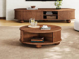Round Fluted Coffee Table with Storage, Pine Solid Wood, Sliding Door, Walnut, 31.8" 90275322
