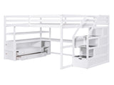 Full Size Loft Bed with Desk and Shelves, Two Built-in Drawers, Storage Staircase, White 48024197