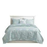 4 Piece Cotton Reversible Embroidered Quilt Set with Throw Pillow Aqua Full/Queen B03595790
