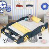 Full Size Race Car-Shaped Platform Bed with Wheels and Storage, Dark BlueYellow WF305760AAC