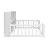 Twin Floor Bed with Bedside Bookcase,Shelves,Guardrails,White W504142771
