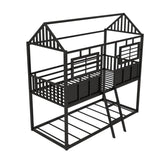 ZNTS Twin over Twin Size Metal Low Bunk Beds with Roof and Fence-shaped Guardrail, Black MF293553AAB