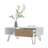 White and Natural Oak Coffee Table with 1-Drawer and Hairpin Legs B062P290226