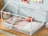Full Size Metal House Bed with Fence and Door, White MF315933AAK