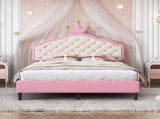Full Size Lovely Crown Fantasy PU Leather Princess Bed with Tufted Headboard, PinkCream N733P198762H
