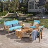 ZNTS Outdoor Acacia Wood Sofa Set with Water Resistant Cushions, 4-Pcs Set, Brown Patina / Teal 59116.00T