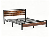 Full Size Metal Wood Platform Bed Frame, 3-Panel Fire Burnt Brown Wood Grain Headboard with LED 77349359