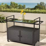 ZNTS Outdoor Bar Cart Table, Large Wicker Island Rolling Cart, Wheeled Buffet Serving Cart with Glass Top 27563014