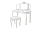 Children's Wooden Dressing Table Three-Sided Folding Mirror Dressing Table Chair Single Drawer White 07586825