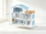 3-Floor Wooden Dollhouse for Kids, 5 Play Areas Pretend Play House with Movable Elevator & Stairs, 12701287