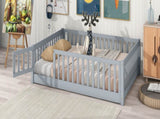 Full Size Floor Bed with Fence and Door,Rubber Wood Floor Bed with Safety Guardrails,Grey W504P296784