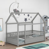 Twin Size Floor Wooden Bed with House Roof Frame, Fence Guardrails,Grey W1858123985