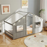Twin-Size Kids House Gray Floor Bed- 82"x42"x51" Size, LED Light Strip for Cozy 32100376