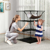 3-Tier Black Cat Cage - 74x74x107.5cm, PPMetal, DIY Assembly, Hammock & Ladders, for 1-3 Cats/Small 54057876