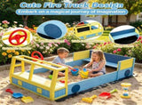 Fire Truck Themed Wooden Sandbox for 2 Kids, Fir Wood Play Sand Table with PP Liner & Bench, Outdoor 08907507