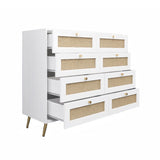 White Color 8 Drawers Chest of Drawers with Rattan Drawer Face Golden Legs and Handles W2139142764