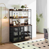 Coffee Bar Cabinet with Power Outlet, Industrial Buffet Cabinet with LED Strip and Glass Holder, W1705P179846