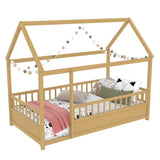 Twin Size Floor Wooden Bed with House Roof Frame, Fence Guardrails, W1858P310084