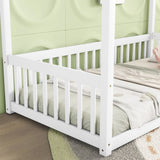 ZNTS Twin Size Canopy Frame Floor Bed with Fence, Guardrails,White W504P143278