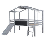 Twin Size Loft Bed with Ladder and Slide, House Bed with Blackboard and Light Strip on the Roof, WF324323AAE