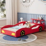 ZNTS Wooden Race Car Bed,Car-Shaped Platform Twin Bed with Wheels For Teens,Red & Yellow WF310553AAJ